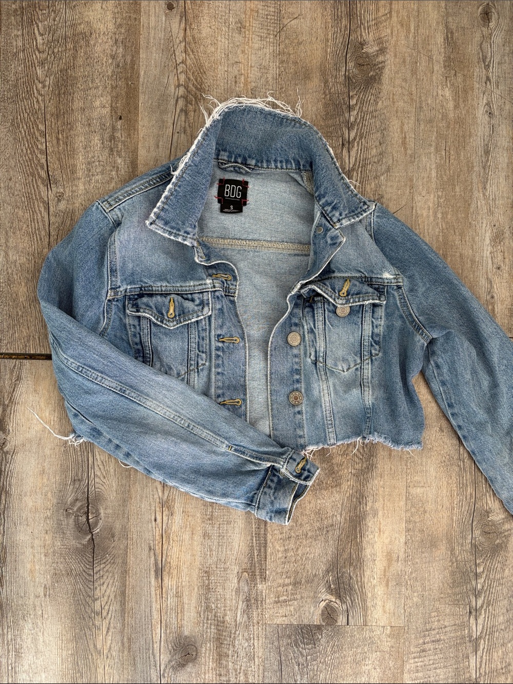 Urban Outfitters Light Blue Cropped Denim Jacket with Frayed Hem